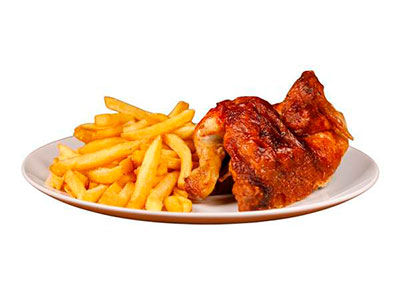 Pollo entero asado + patatas fritas + 1 allioli
